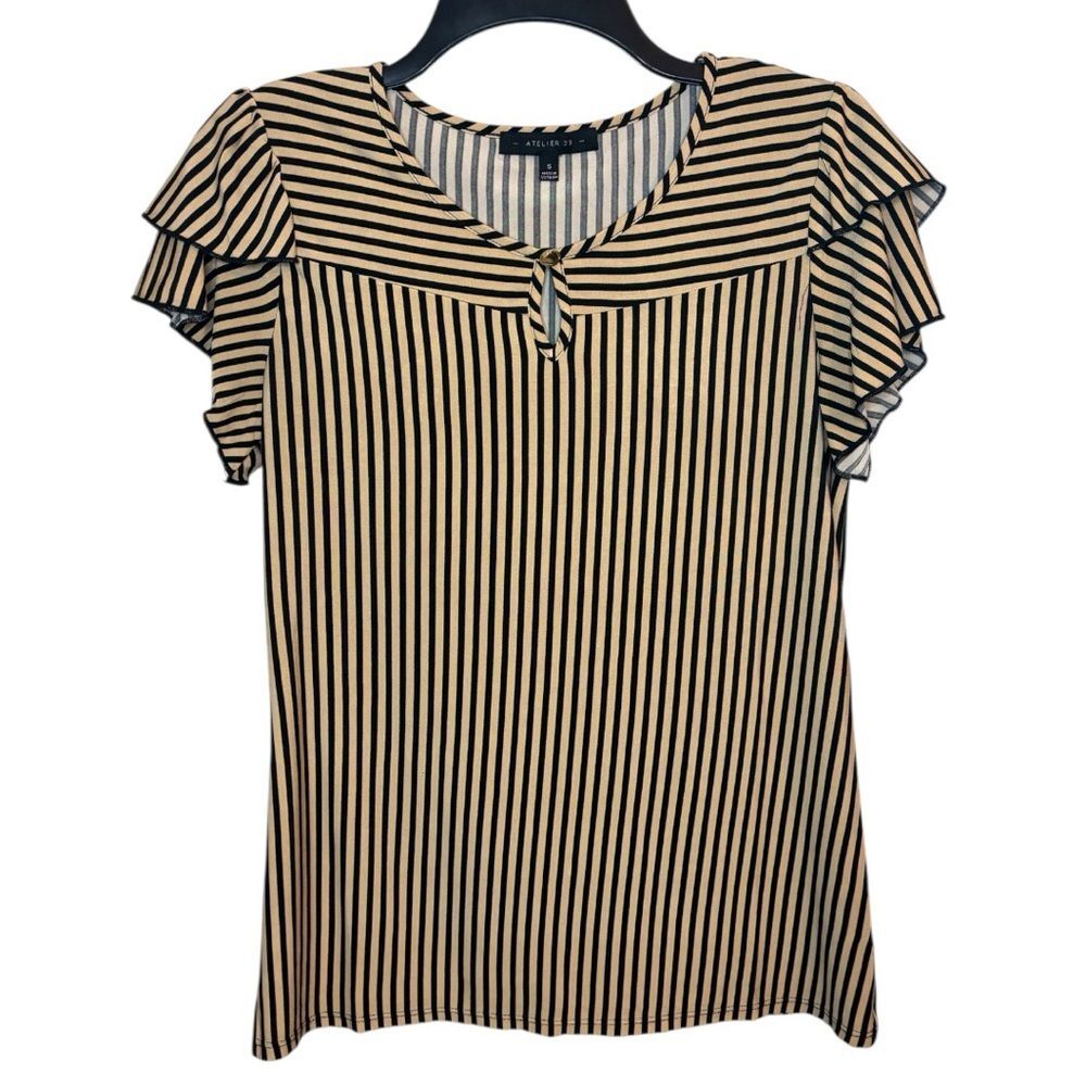 Atelier 29 Black and Tan Striped Ruffle Sleeve Blouse Size Small